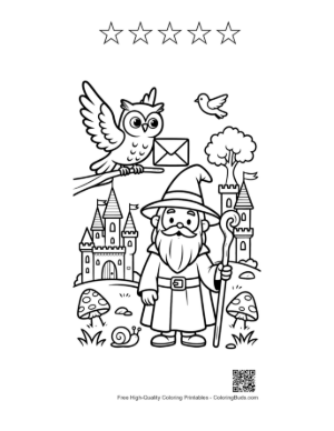 Thumbnail: Master Wizard and His Owl Friend Outside a Royal Fortress Printable and 5 Star Outline