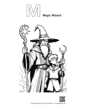 Thumbnail: Mentor Wizard and Apprentice Boy Printable Outline Alphabet M Magic Wizard