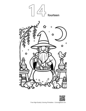 Thumbnail: Old Magic Wizard Brewing Potions in a Room Full of Jars Printable Outline Number 14