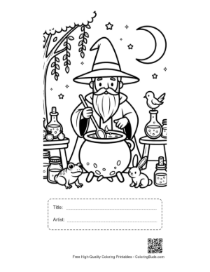 Thumbnail: Old Magic Wizard Brewing Potions in a Room Full of Jars Printable with Title and Artist Box
