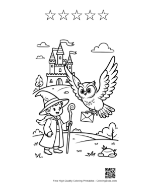 Thumbnail: Wise Old Wizard and an Owl in a Magical Winter Forest Printable and 5 Star Outline