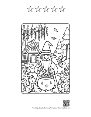 Thumbnail: Wise Wizard Brewing a Magic Spell in a Forest Workshop Printable and 5 Star Outline