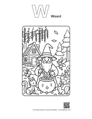 Thumbnail: Wise Wizard Brewing a Magic Spell in a Forest Workshop Printable Outline Alphabet W Wizard