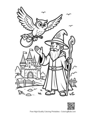 Thumbnail: Wizard Standing with His Owl Friend in a Fairytale Garden Printable