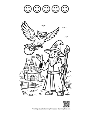 Thumbnail: Wizard Standing with His Owl Friend in a Fairytale Garden Printable and 5 Happy Face Outline