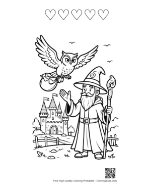 Thumbnail: Wizard Standing with His Owl Friend in a Fairytale Garden Printable and 5 Heart Outline