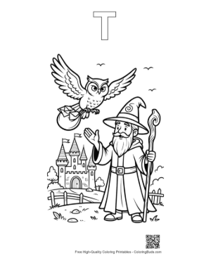 Thumbnail: Wizard Standing with His Owl Friend in a Fairytale Garden Printable Outline Alphabet T