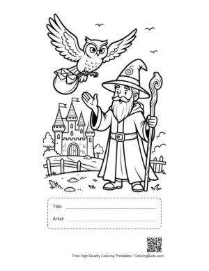 Thumbnail: Wizard Standing with His Owl Friend in a Fairytale Garden Printable with Title and Artist Box