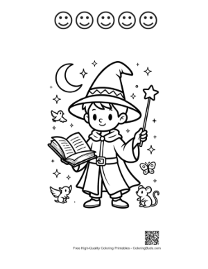 Thumbnail: Young Apprentice Reading a Magic Book with Sparkling Stars Printable and 5 Happy Face Outline