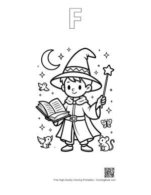 Thumbnail: Young Apprentice Reading a Magic Book with Sparkling Stars Printable Outline Alphabet F