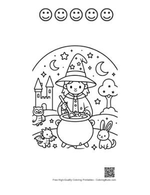 Thumbnail: Young Apprentice Wizard Stirring a Magic Potion Under the Moon Printable and 5 Happy Face Outline