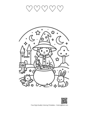 Thumbnail: Young Apprentice Wizard Stirring a Magic Potion Under the Moon Printable and 5 Heart Outline
