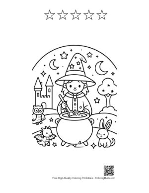 Thumbnail: Young Apprentice Wizard Stirring a Magic Potion Under the Moon Printable and 5 Star Outline
