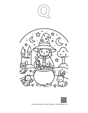 Thumbnail: Young Apprentice Wizard Stirring a Magic Potion Under the Moon Printable Outline Alphabet Q