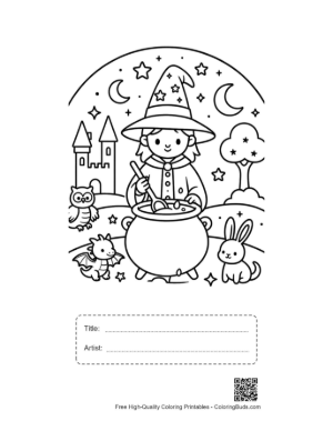 Thumbnail: Young Apprentice Wizard Stirring a Magic Potion Under the Moon Printable with Title and Artist Box