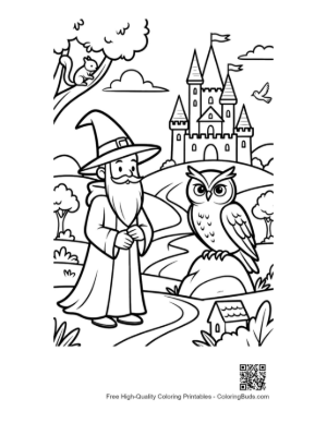 Thumbnail: Young Sorcerer Walking with a Staff and His Owl Companion Printable