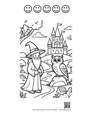 Thumbnail: Young Sorcerer Walking with a Staff and His Owl Companion Printable and 5 Happy Face Outline