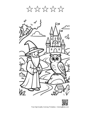 Thumbnail: Young Sorcerer Walking with a Staff and His Owl Companion Printable and 5 Star Outline