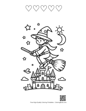 Thumbnail: Young Wizard Flying on a Broomstick Over a Magic Castle Printable and 5 Heart Outline
