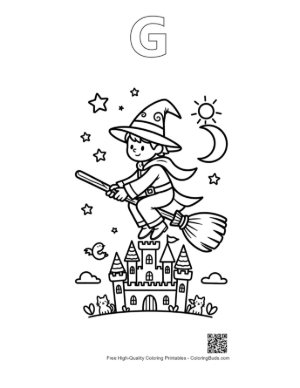 Thumbnail: Young Wizard Flying on a Broomstick Over a Magic Castle Printable Outline Alphabet G