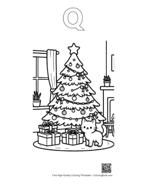 Thumbnail: Adorable Puppies Resting by the Christmas Tree with Gifts Pet Holiday Coloring Sheet Printable Outline Alphabet Q