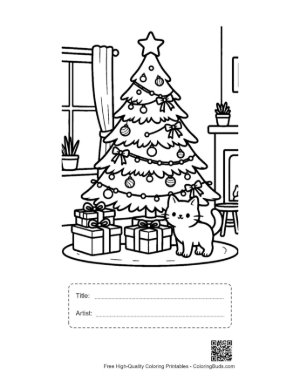 Thumbnail: Adorable Puppies Resting by the Christmas Tree with Gifts Pet Holiday Coloring Sheet Printable with Title and Artist Box