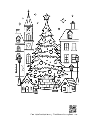 Thumbnail: Beautiful Christmas Tree in a Snowy Village Square Holiday Landscape Coloring Page Printable