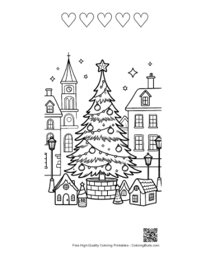 Thumbnail: Beautiful Christmas Tree in a Snowy Village Square Holiday Landscape Coloring Page Printable and 5 Heart Outline