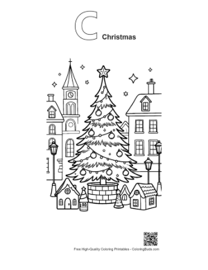Thumbnail: Beautiful Christmas Tree in a Snowy Village Square Holiday Landscape Coloring Page Printable Outline Alphabet C Christmas