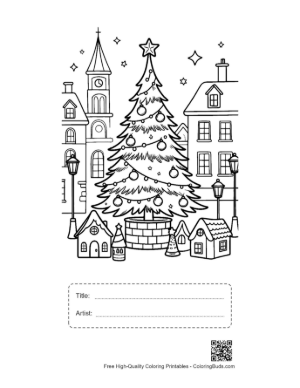 Thumbnail: Beautiful Christmas Tree in a Snowy Village Square Holiday Landscape Coloring Page Printable with Title and Artist Box