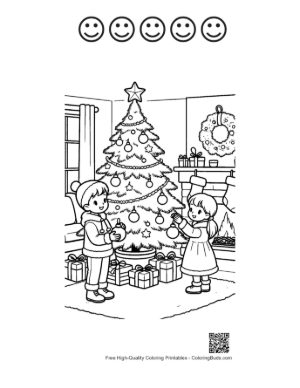 Thumbnail: Brother and Sister Decorating the Christmas Tree Joyful Holiday Coloring Page Printable and 5 Happy Face Outline