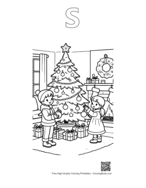 Thumbnail: Brother and Sister Decorating the Christmas Tree Joyful Holiday Coloring Page Printable Outline Alphabet S