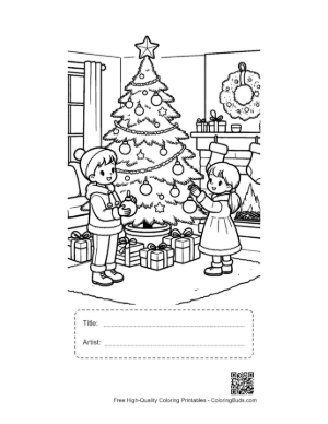 Thumbnail: Brother and Sister Decorating the Christmas Tree Joyful Holiday Coloring Page Printable with Title and Artist Box