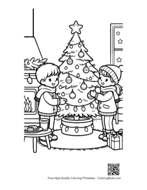 Thumbnail: Children Admiring a Fully Decorated Christmas Tree Holiday Magic Coloring Page Printable
