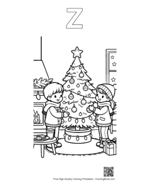 Thumbnail: Children Admiring a Fully Decorated Christmas Tree Holiday Magic Coloring Page Printable Outline Alphabet Z