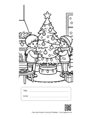 Thumbnail: Children Admiring a Fully Decorated Christmas Tree Holiday Magic Coloring Page Printable with Title and Artist Box