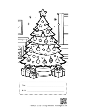 Thumbnail: Christmas Tree with a Mountain of Gifts in a Cozy Room Holiday Gift Coloring Printable with Title and Artist Box