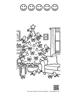 Thumbnail: Cozy Christmas Tree by the Fireplace with Holiday Decor Indoor Winter Coloring Printable and 5 Happy Face Outline