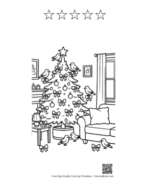 Thumbnail: Cozy Christmas Tree by the Fireplace with Holiday Decor Indoor Winter Coloring Printable and 5 Star Outline
