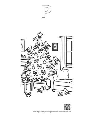 Thumbnail: Cozy Christmas Tree by the Fireplace with Holiday Decor Indoor Winter Coloring Printable Outline Alphabet P