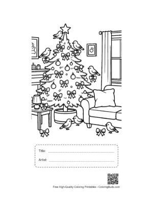 Thumbnail: Cozy Christmas Tree by the Fireplace with Holiday Decor Indoor Winter Coloring Printable with Title and Artist Box