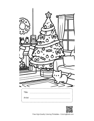 Thumbnail: Cute Puppy Watching the Lights on a Christmas Tree Holiday Pet Coloring Sheet Printable with Title and Artist Box