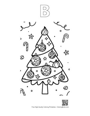 Thumbnail: Decorative Christmas Tree with Candy Canes and Stars Festive Holiday Coloring Printable Outline Alphabet B