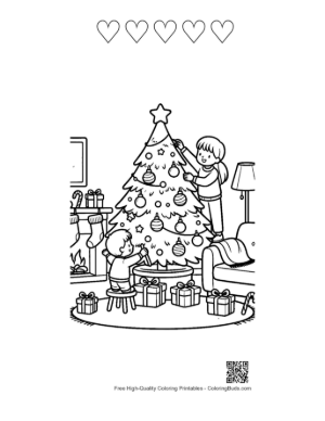 Thumbnail: Family Teamwork Decorating a Large Christmas Tree Festive Indoor Coloring Page Printable and 5 Heart Outline