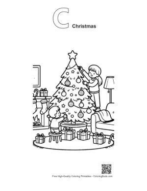 Thumbnail: Family Teamwork Decorating a Large Christmas Tree Festive Indoor Coloring Page Printable Outline Alphabet C Christmas