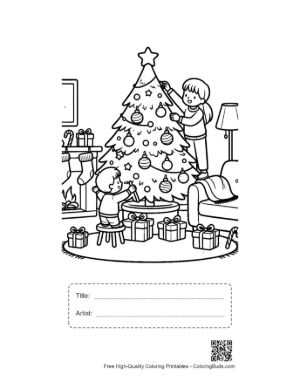 Thumbnail: Family Teamwork Decorating a Large Christmas Tree Festive Indoor Coloring Page Printable with Title and Artist Box
