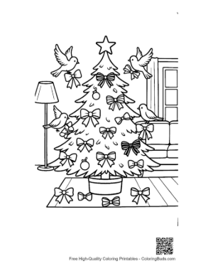 Thumbnail: Festive Christmas Tree in a Living Room with Bird Decorations Nature Holiday Coloring Printable