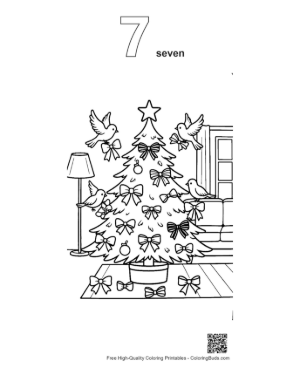 Thumbnail: Festive Christmas Tree in a Living Room with Bird Decorations Nature Holiday Coloring Printable Outline Number 7
