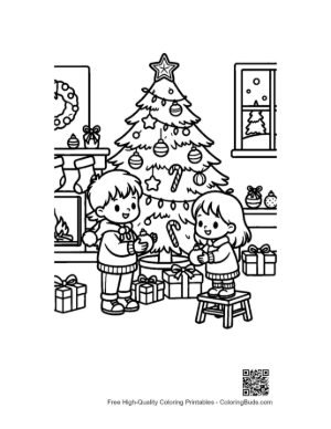 Thumbnail: Happy Children Decorating a Christmas Tree with Ornaments Holiday Activity Coloring Printable
