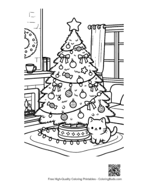 Thumbnail: Kittens Exploring the Ornaments on a Christmas Tree Playful Holiday Coloring Page Printable
